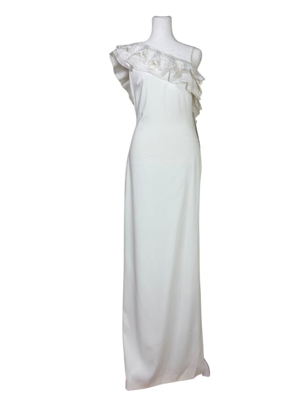 Badgley Mischka Size 2 Light Ivory One Shoulder Ruffle Evening or Wedding Gown